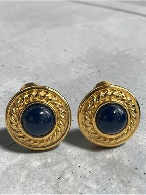 Vintage Monet Cobalt Blue Cabochon Gold Tone Clip On Earrings
